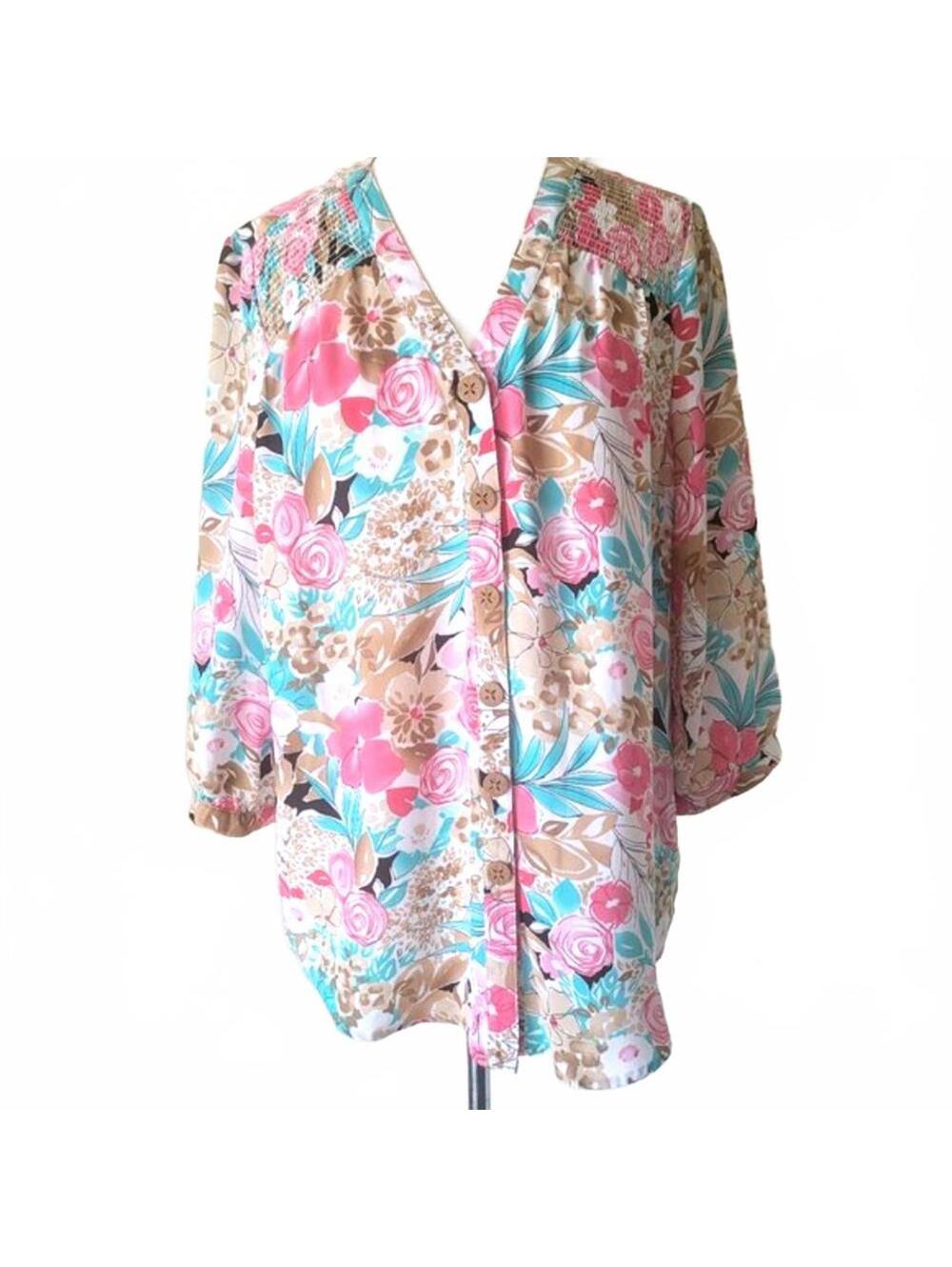 Draper's & Damon's 3/4 Sleeve Button Up Floral Blouse Size Large
